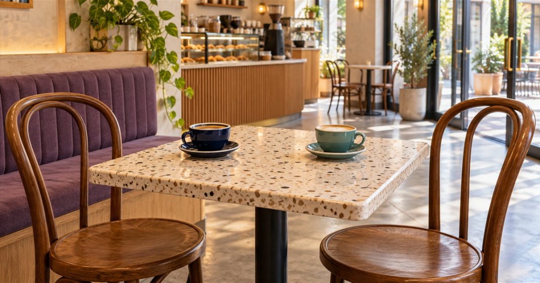 AI-generated illustration of two empty wooden café chairs around a terrazzo table with navy and teal coffee cups in daylight.