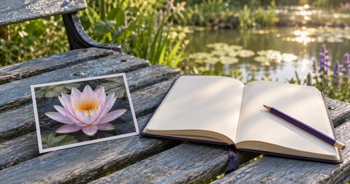 Printed water-lily picture beside an open blank journal and purple pencil on a garden bench by a pond