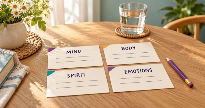 Mind, body, spirit and emotions reflection cards Four cream cards labeled Mind, Body, Spirit and Emotions on a sunny wooden table