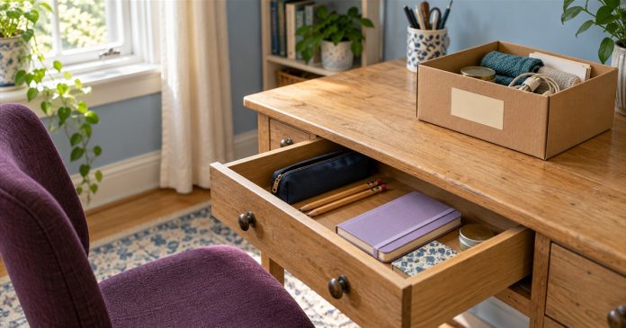 An open pale-oak desk drawer with a navy pencil case, pencils and lavender notebook beside a reused cardboard box.