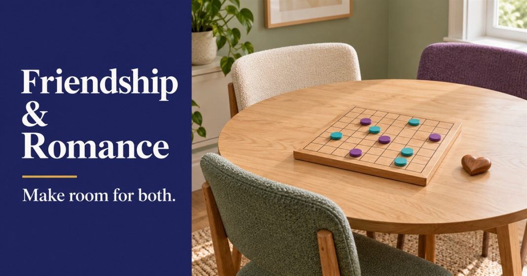 Friendship and romance: make room for both Illustrative empty game table with purple and cyan counters, a wooden heart and three chairs beside the words Friendship & Romance: Make room for both.