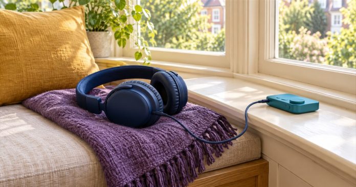 AI-generated illustration of navy headphones connected to a small teal audio device on an empty window bench with a purple throw and gold cushion