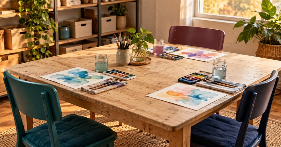 Genuine Connection — Shared-Interest Creative Space Three empty chairs around a wooden table with watercolor palettes, brushes, rinse jars and papers bearing simple color washes.