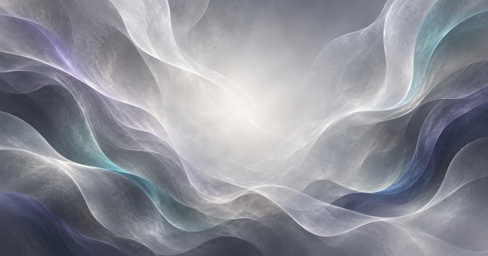 Gray aura symbolism conceptual cover Layered pearlescent gray light with soft purple and cyan edges in an abstract illustration