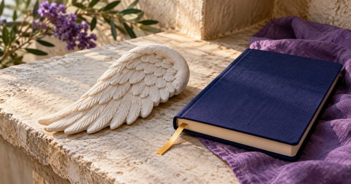 Guardian angel symbolism: decorative wing and reflection journal AI-generated decorative carved angel wing beside a closed navy journal and purple linen