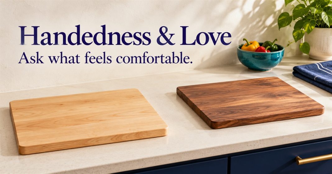 Two wooden chopping boards spaced apart in an imagined kitchen, with the words Handedness & Love and Ask what feels comfortable.