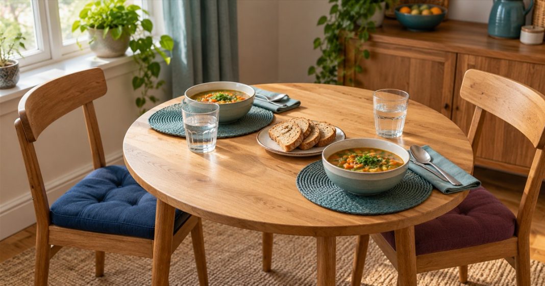 Heartbreak Support — Optional Welcome Company Two empty chairs beside a round wooden table set with two bowls of soup, bread and glasses of water in soft daylight.