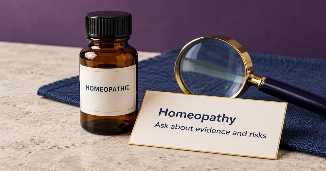 Amber bottle labelled HOMEOPATHIC beside a magnifying glass and a card reading Homeopathy — Ask about evidence and risks