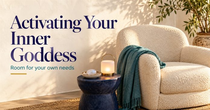 Activating Your Inner Goddess — Reflection Corner Illustration Illustrated empty cream armchair with teal throw beside an indigo table, pale stone and flameless lantern, titled Activating Your Inner Goddess.