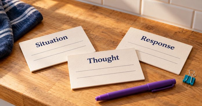 AI-generated illustration of blank Situation, Thought and Response cards beside a purple pen on a wooden kitchen counter.