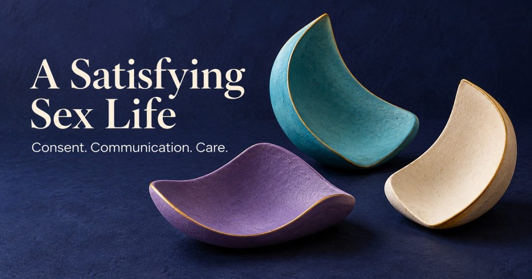 AI illustration of separate purple, cyan and ivory ceramic forms beside the words A Satisfying Sex Life and Consent. Communication. Care.