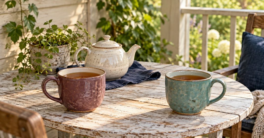 Optional time to talk — tea on a porch A plum mug and turquoise mug spaced apart beside a cream teapot on a whitewashed porch table.