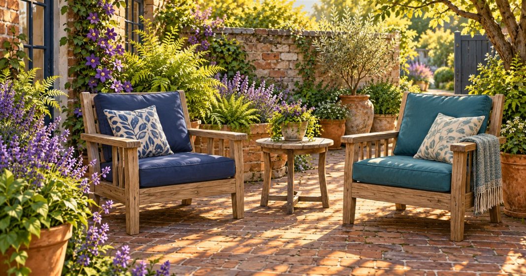 Intimacy without sex: imagined garden conversation space Two empty wooden garden chairs with navy and teal cushions angled toward each other on a sunlit brick patio