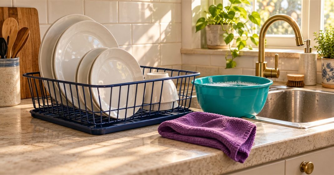A navy dish rack holding white plates beside a teal washing-up bowl and plum dishcloth in a sunlit kitchen.