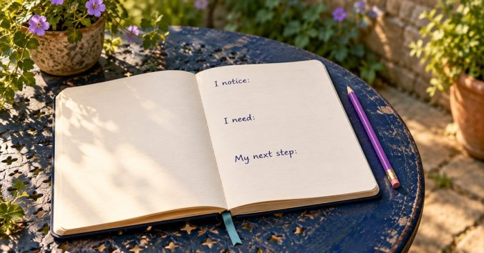 AI-generated illustration of an open notebook headed I notice, I need and My next step, beside a purple pencil on a navy garden table.