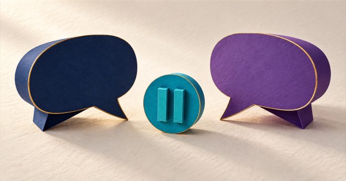 Judging less: a pause between conversation bubbles AI-generated paper-art illustration of navy and purple conversation bubbles separated by a cyan pause symbol.