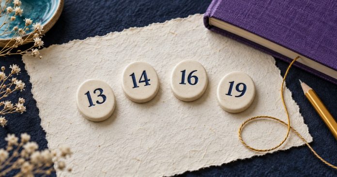 Karmic Debt Numerology: Reflection and Present-Day Choices Four ivory ceramic tokens numbered 13, 14, 16 and 19 on handmade paper beside a purple journal, gold pencil and open gold thread loop
