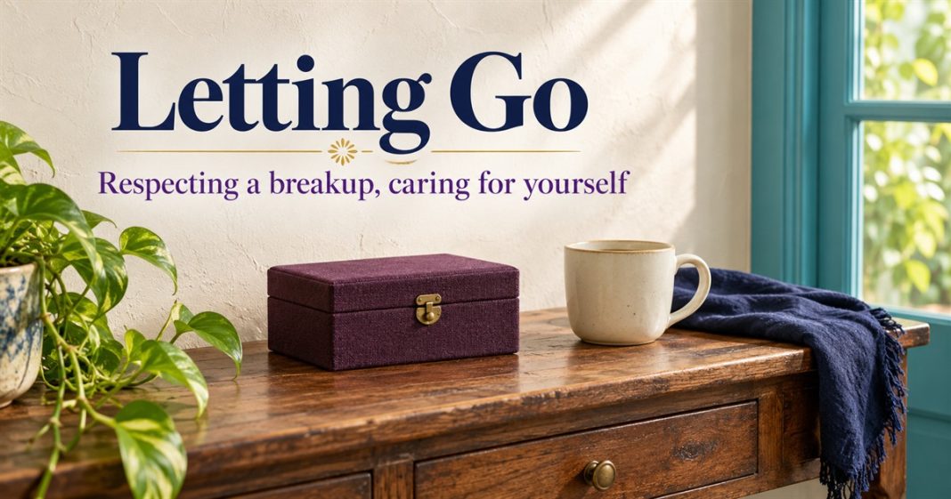 Letting Go: Respecting a Breakup and Caring for Yourself — Conceptual Cover AI-generated still life with a closed plum keepsake box and cream mug on a wooden console, beneath the words Letting Go and Respecting a breakup, caring for yourself.