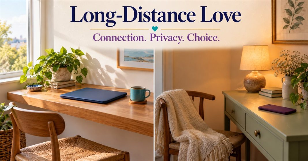 AI-generated two empty home spaces with a closed navy laptop and face-down plum phone beneath the words Long-Distance Love.