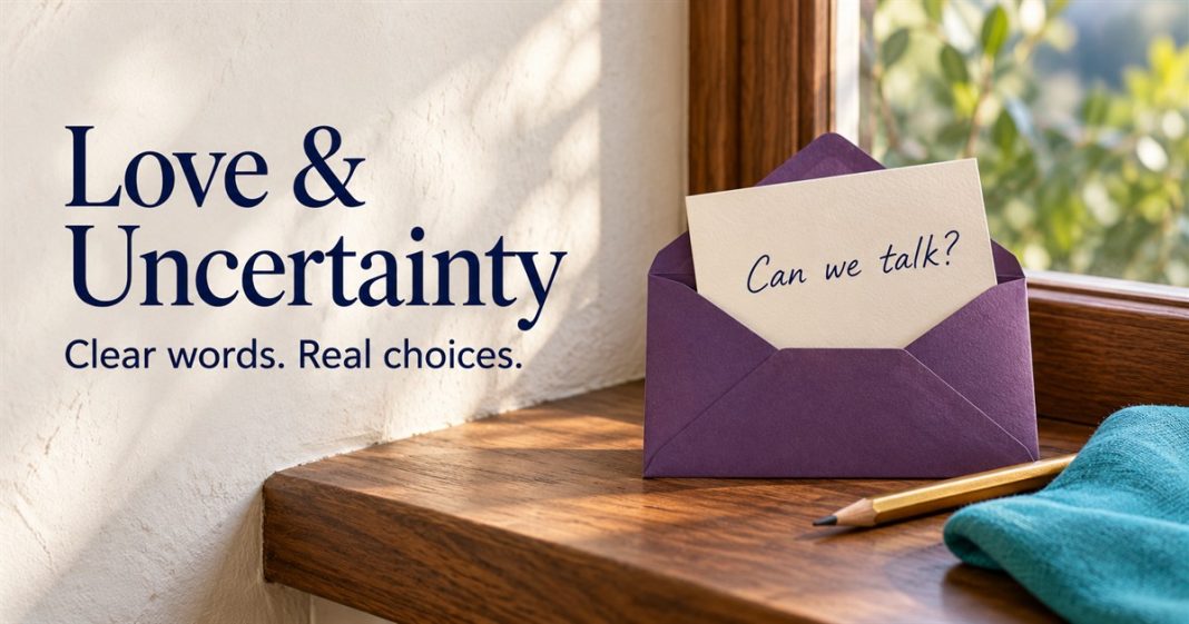 A cream “Can we talk?” note in a purple envelope by a window, with “Love & Uncertainty — Clear words. Real choices.”