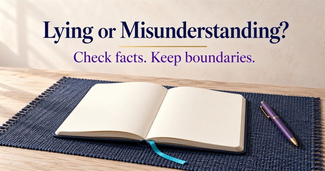 Lying or Misunderstanding? Check Facts, Keep Boundaries AI-generated blank notebook and purple pen on a navy woven mat with a cyan bookmark beneath the words Lying or Misunderstanding?