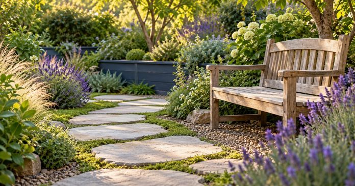 A short curving path of pale stepping stones beside an empty wooden bench, purple flowers and leafy garden borders.