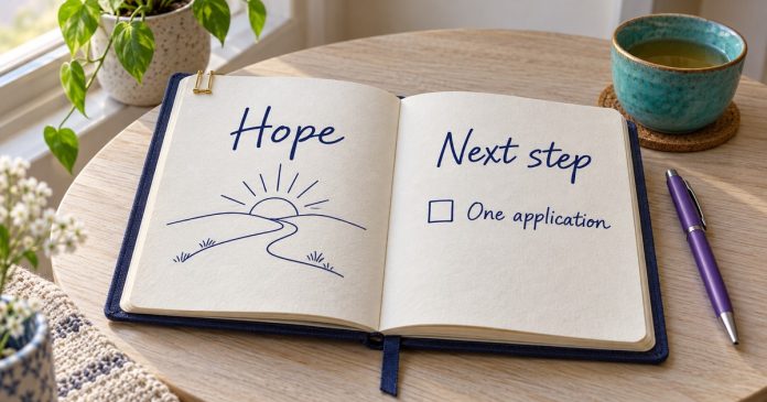Open intention journal labeled Hope and Next step, with an unchecked One application box, a purple pen and a turquoise tea cup