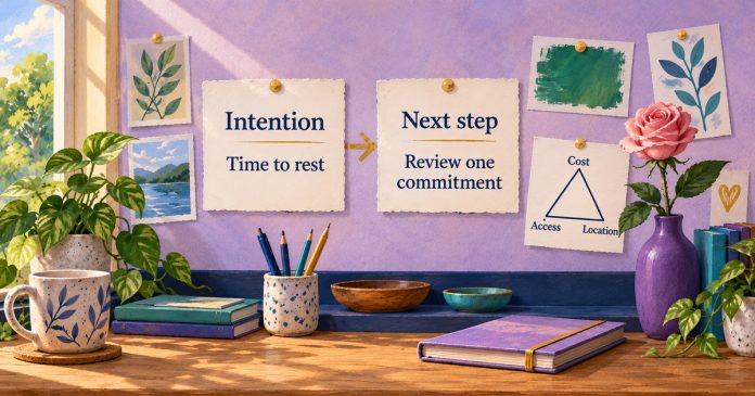 Manifesting abundance: intention and a practical next step AI illustration of intention and next-step cards, a cost-access-location planning triangle, a rose and a green painted patch in a home workspace.