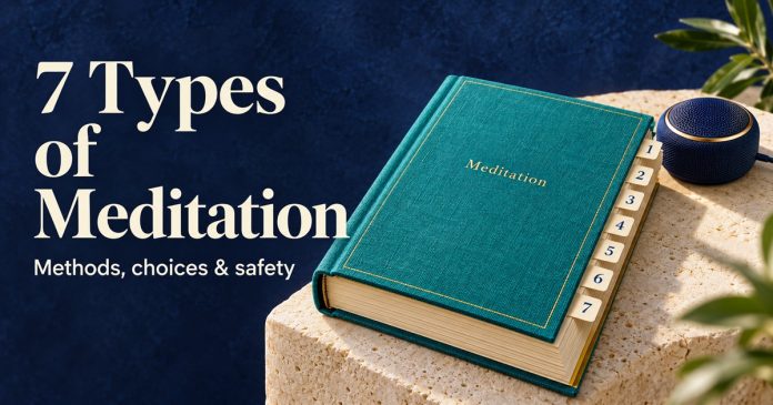 7 Types of Meditation—Methods, choices and safety Illustration of a teal Meditation guide with seven numbered tabs and a small wired speaker; title: 7 Types of Meditation—Methods, choices & safety.