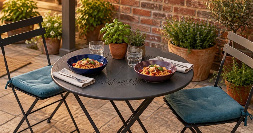 Two bowls of pasta and water glasses on a small patio table with two empty chairs.