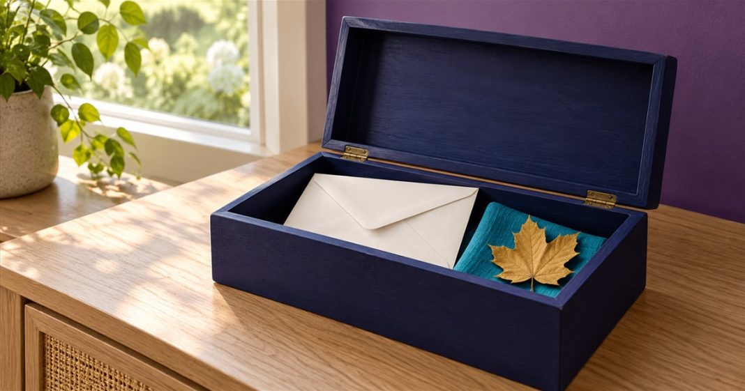 AI-generated illustration of an open navy keepsake box holding a blank envelope, teal cloth and golden leaf beside a daylit window