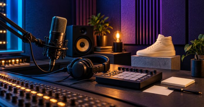 Creative vision in music and design: editorial illustration Conceptual studio illustration with microphone, headphones, music controller and an unbranded cream sneaker