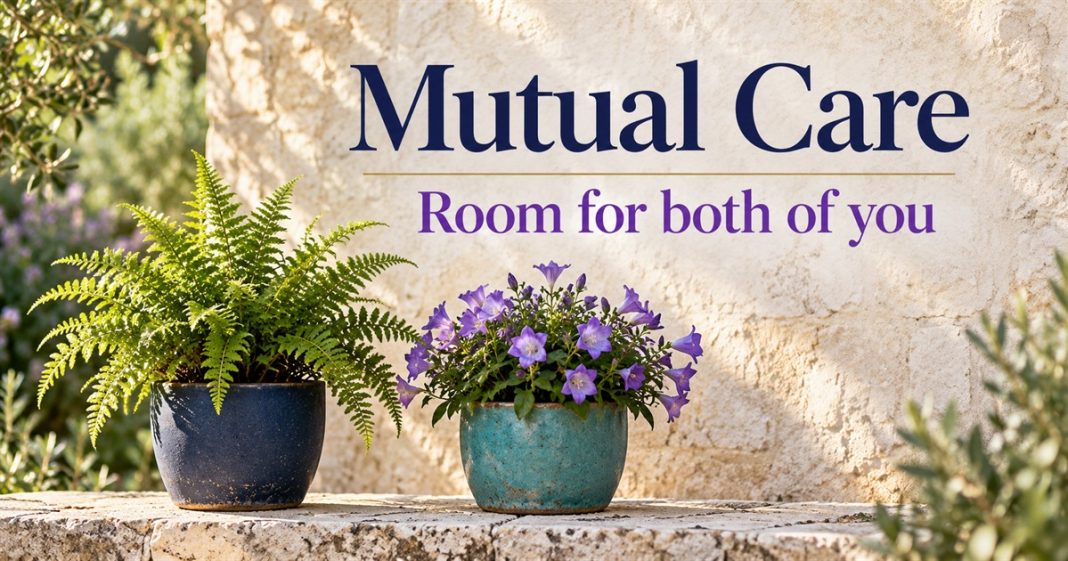 AI-generated garden still life with a fern and a purple-flowering plant in separate navy and turquoise pots, beneath the words Mutual Care and Room for both of you.