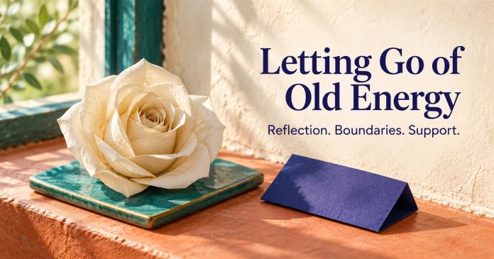 Old energy paper rose reflection illustration – post3525 Ivory paper rose on a teal ceramic tile beside a folded indigo paper slip, with the words Letting Go of Old Energy and Reflection. Boundaries. Support.