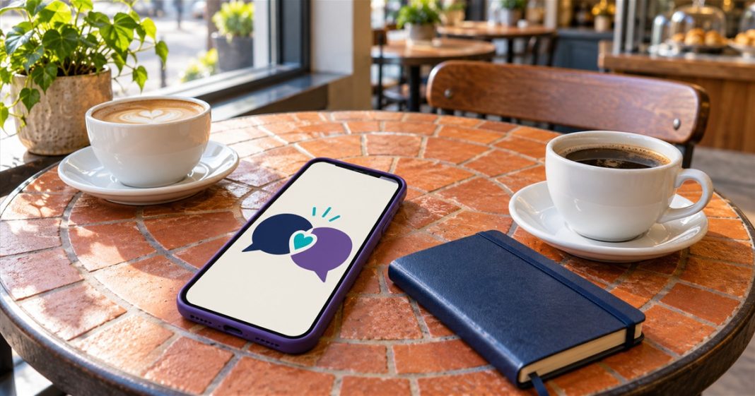 A phone showing chat bubbles and a heart beside two coffee cups and a navy notebook on a café table