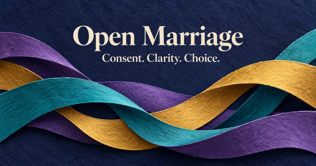 AI-generated paper-art cover reading “Open Marriage — Consent. Clarity. Choice.” above separate purple, cyan and gold flowing ribbons