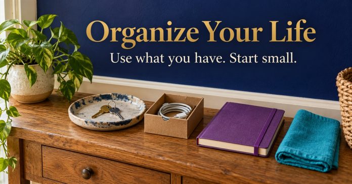 AI-generated entryway still life with keys in a tray, a coiled unplugged cable, a purple planner and cyan cloth, under “Organize Your Life — Use what you have. Start small.”