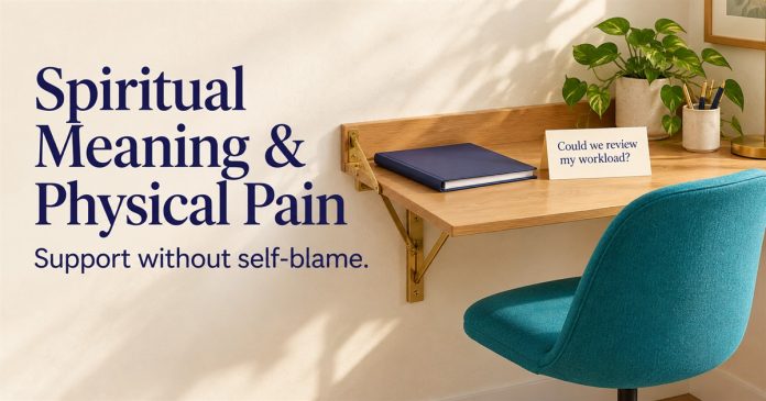 Spiritual Meaning and Physical Pain — Support Without Self-Blame People-free illustration of a fold-down desk, empty teal chair and a card asking, Could we review my workload? Support without self-blame.