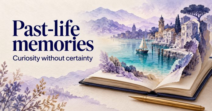 Past-life memories — curiosity without certainty Symbolic watercolor and paper harbor rising from an open journal, beside the words Past-life memories and Curiosity without certainty.