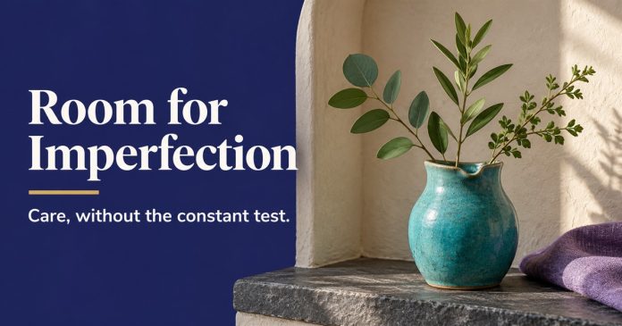 Room for Imperfection — People-Free Editorial Illustration An uneven-rimmed cyan vase with three leafy stems beside the words Room for Imperfection and Care, without the constant test.