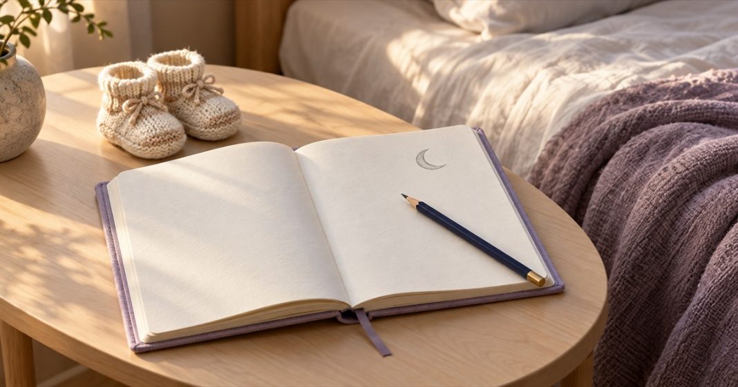 Cream knitted baby booties beside an open lavender journal with a moon sketch and navy pencil on a bedside table