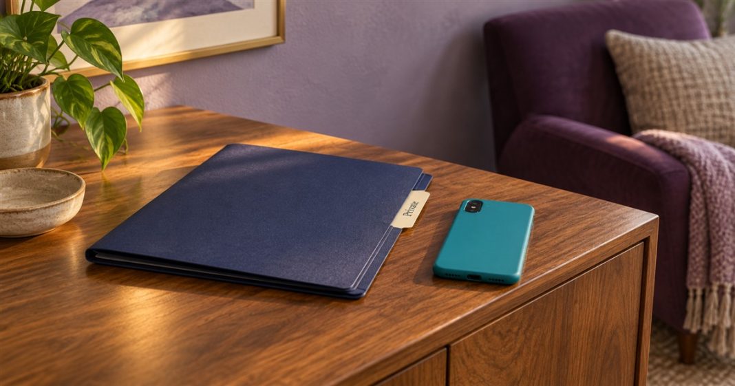 Privacy and relationship boundaries — folder and phone still life AI-generated still life of a closed navy folder labelled Private and a cyan-cased phone placed screen-down on a walnut sideboard beside an empty plum armchair.