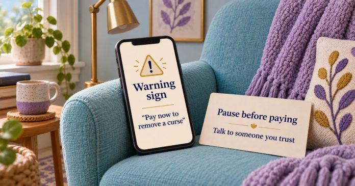 Psychic-attack worries: pause before curse-removal payments AI illustration of a fictional curse-removal payment warning on a phone and a card saying to pause before paying and talk to someone trusted.