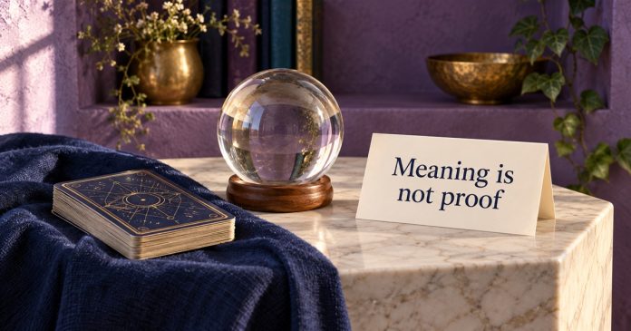 Clear glass sphere, face-down cards and a card reading Meaning is not proof on a marble plinth