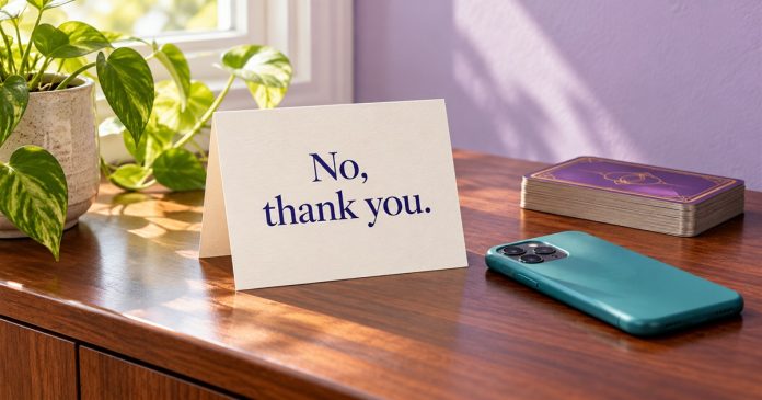 Consent and boundaries: No, thank you A note reading “No, thank you.” beside a face-down teal phone and a closed purple card deck