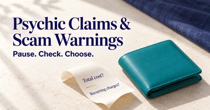 AI illustration of a closed teal wallet and Total cost? and Recurring charges? questions, titled Psychic Claims & Scam Warnings: Pause. Check. Choose.