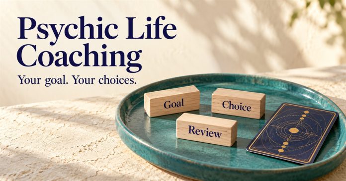 Psychic Life Coaching — Goals, Choice and Review — 3785 Wooden Goal, Choice and Review blocks on a teal tray beside a face-down oracle card, with Psychic Life Coaching and Your goal. Your choices. text.