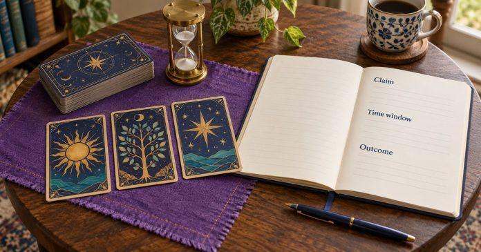 AI-generated tarot-style sun, tree and star cards beside a brass hourglass and a notebook with blank Claim, Time window and Outcome fields.