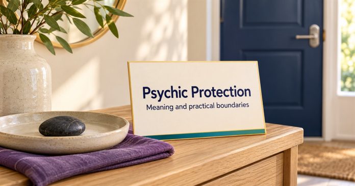 Psychic Protection: meaning and practical boundaries Dark pebble on a ceramic tray beside a Psychic Protection — Meaning and practical boundaries card, with a closed navy door behind