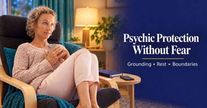Psychic Protection Without Fear — Depositphotos AI illustration AI-edited illustration of a middle-aged woman holding a mug in an armchair beside a closed notebook and face-down phone; text reads Psychic Protection Without Fear, Grounding, Rest and Boundaries.